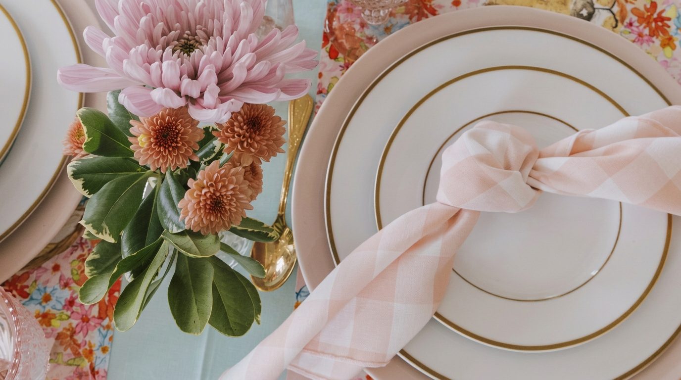 A Magnolia Studio place setting with a blush napkin, gold-rimmed plates, and pink florals