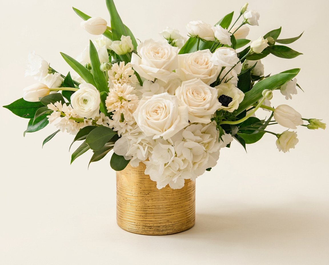 Ivory roses, tulips and hydrangea in a textured gold vase