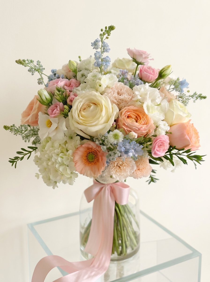 A Magnolia Studio bouquet of pastel roses, hydrangea and delphinium tied with a pink ribbon