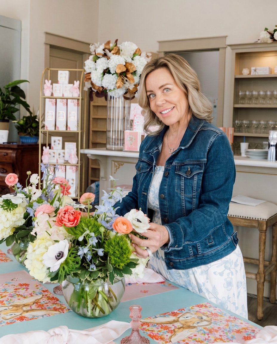 Stacy arranging a glass bowl of hydrangeas, anemones, and ranunculus at a Magnolia Studio table prepared for a hands-on floral design experience